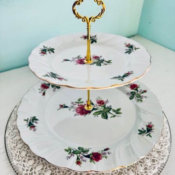Handmade Other - Vintage Lynn’s Fine China 2-Tier Dessert Stand - Victorian Rose Pattern